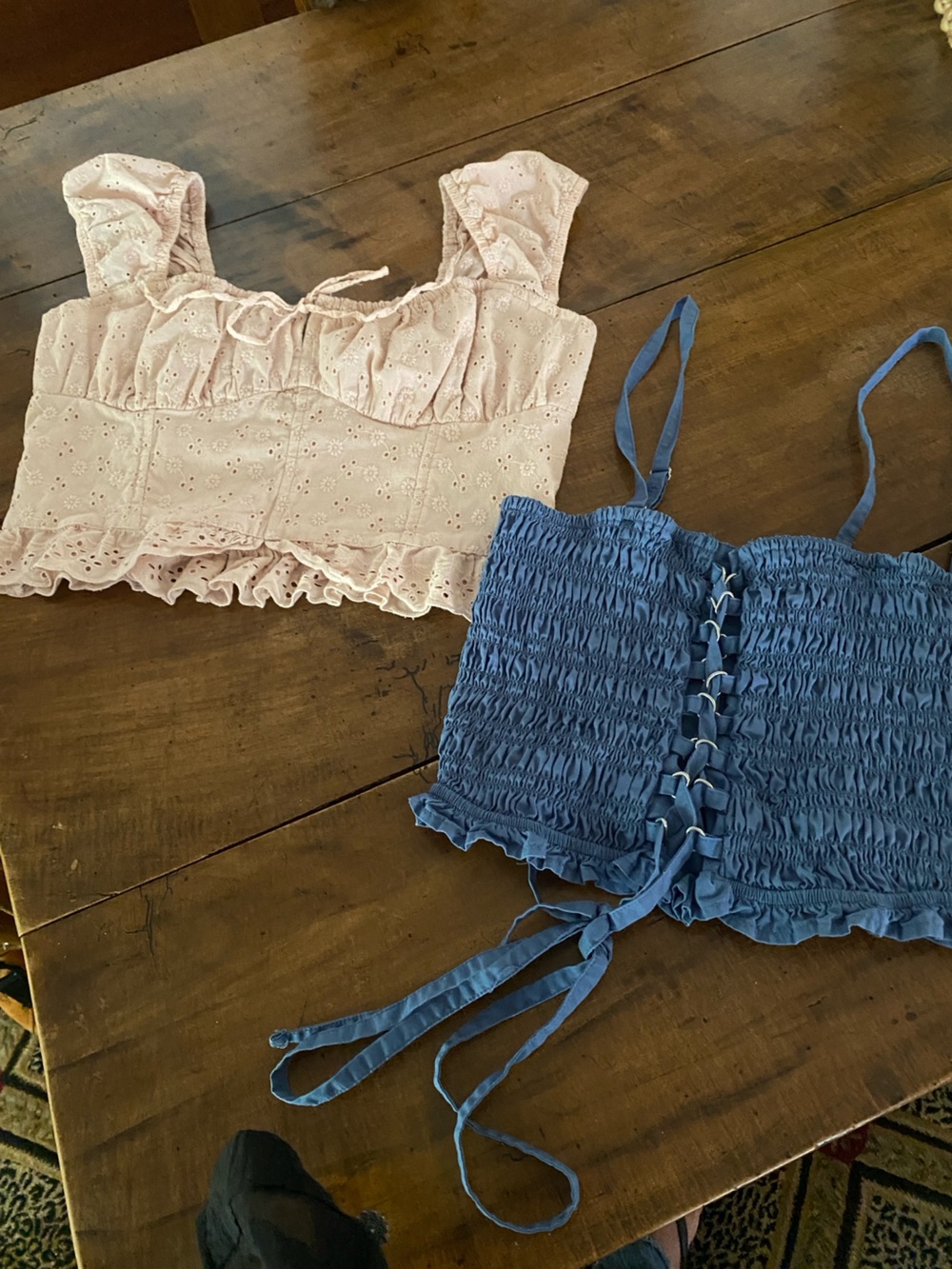 Hollister Pink Eyelet Ruffle Crop & AE Blue Smocked Lace-Up Crop Top Set